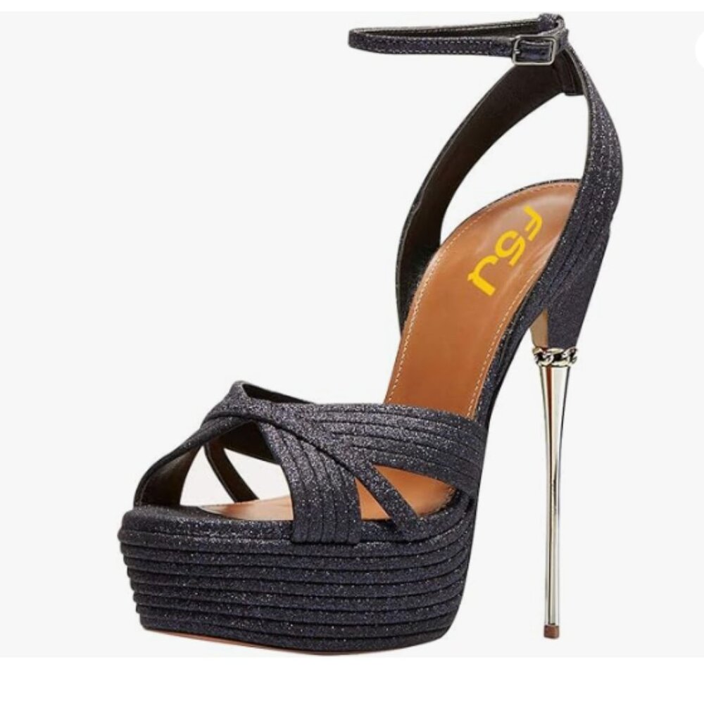 FSJ Midnight Glitter Strappy Open Toe Platform Ankle Strap Metallic Heel Sandal